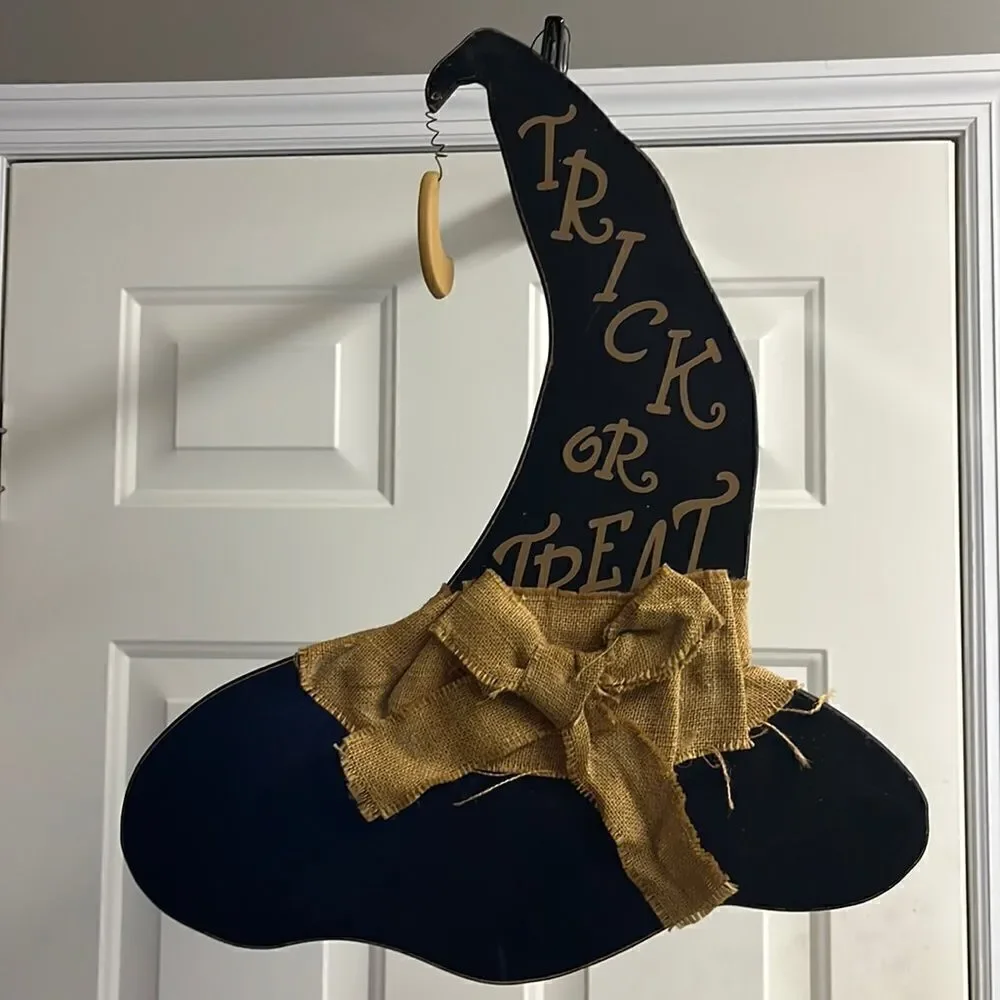 Halloween Farmhouse Black Wood Witch Hat Hanging “Trick or Treat” Decor-21”by17”